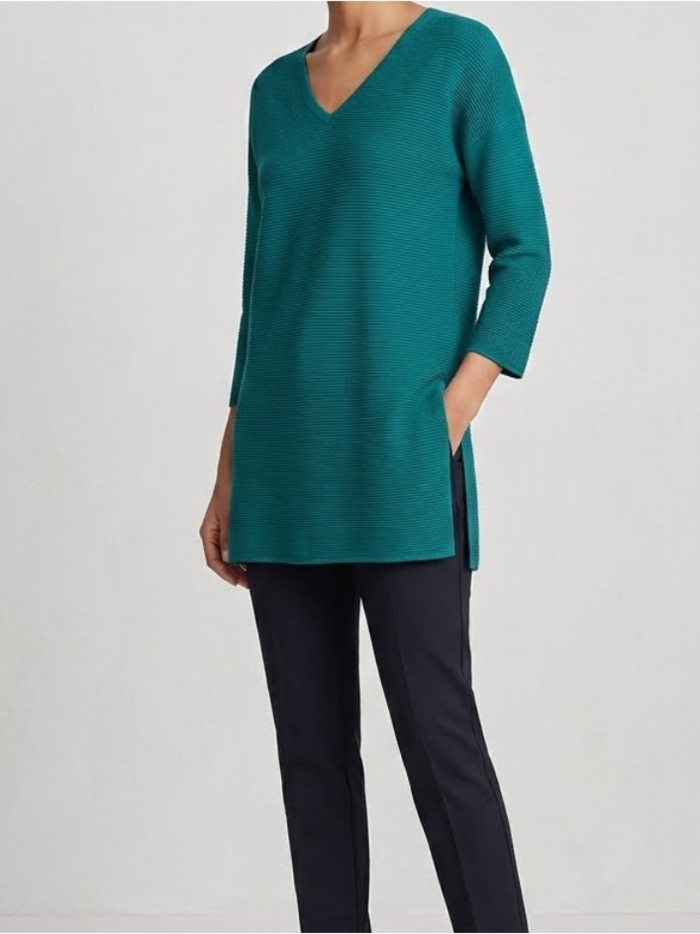 LAFAYETTE 148 Emerald Green Ribbed V-Neck Tunic Sweater Small